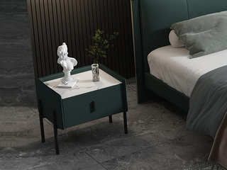  极简风格 岩板台面 磨砂铁脚 皮艺 墨绿色 床头柜