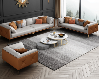  轻奢风格 全实木框架 羽绒公仔包 乳胶座包 双人位 橙色+浅灰色 科技布沙发