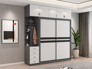  轻奢风格 环保实用 黑白拼色推拉门 2开门衣柜组合（长1.6米衣柜+长2.0米顶柜+长0.4米边柜）