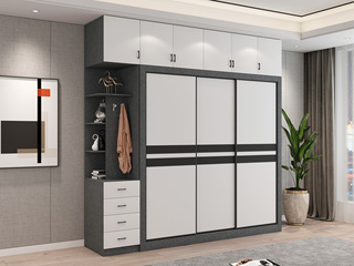  轻奢风格 环保实用 黑白拼色推拉门大容量3开门衣柜组合(长2米衣柜+长2.4米顶柜+长0.4米边柜）