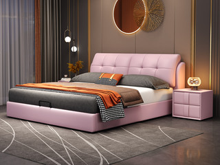  现代简约 实木框架 柔软舒适海绵 淡粉色皮艺1.5*2.0米床（搭配10公分松木排骨架）