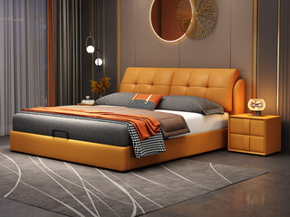  现代简约 实木框架 柔软舒适海绵 金橙色皮艺1.5*2.0米床（搭配10公分松木排骨架）