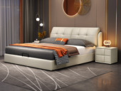 皮艺工坊 现代简约 实木框架 柔软舒适海绵 米黄色皮艺1.8*2.0米床（搭配10公分松木排骨架）