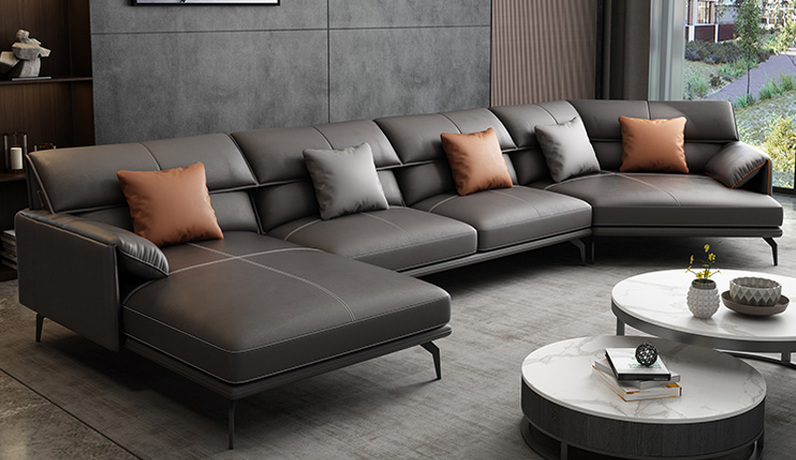 iLoven 意乐威 极简风格 高弹舒适 全实木框架+白鹅羽绒靠包 转角+3+右贵妃 高级灰 仿真皮沙发