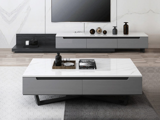  极简风格 防刮耐磨哑光岩板台面 白色台面+灰色柜体 多功能伸缩电视柜