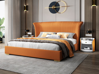  简美风格 全实木床边 布艺 舒适睡感 橙色 卧室1.8*2.0米双人床（搭配10公分宽实木排骨架）