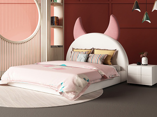  轻奢风格 柔软亲肤 布艺 白色+粉色 实木高箱储物 D款小恶魔床头设计1.5*2.0米儿童床（图片为排骨架床）