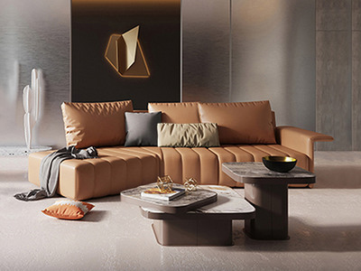 极简风格 设计师推荐款 网红沙发 高弹舒适 优质皮艺+羽绒+实木框架 橙色 右转角沙发