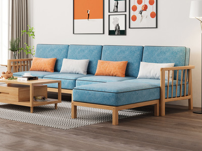  北欧风格 北美进口白蜡木 科技布沙发 原木色 转角沙发组合沙发（4人位+脚踏）