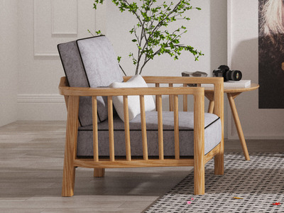  北欧风格 北美进口白蜡木 科技布沙发 原木色 单人沙发