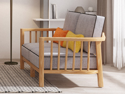  北欧风格 北美进口白蜡木 科技布沙发 原木色 两人沙发