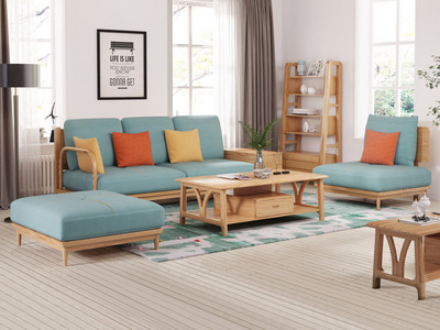  北欧风格 北美进口白蜡木 科技布沙发 原木色 （4个抱枕 随机发货）单扶手三人位+无扶手单人位+脚踏沙发组合