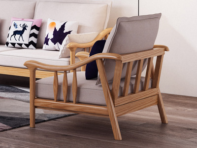  北欧风格 北美进口白蜡木 布艺沙发 原木色 单人沙发