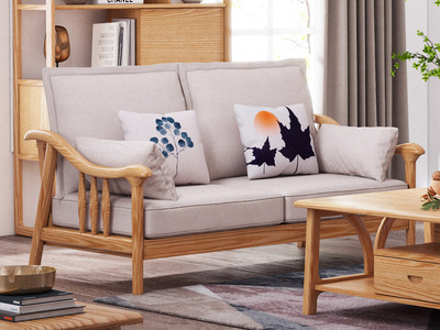  北欧风格 北美进口白蜡木 布艺沙发 原木色 双人沙发