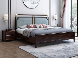  新中式 精选优质实木框架 床头皮艺软包+铝合金度铜技术 高脚设计 沉稳大气 卧室1.8*2.0米床