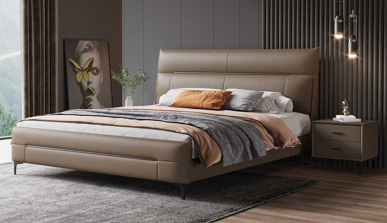 歌迪 极简风格 舒适软靠 高端皮艺+实木框架 卡其色 1.8*2.0米 床（搭配10公分松木排骨架）