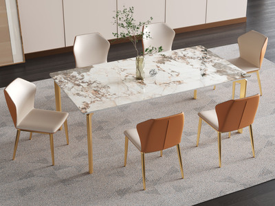  轻奢风格 不锈钢拉丝+蒙拉丽莎岩板 1.4米 餐桌
