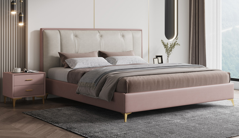 歌迪 轻奢风格 舒适柔软科技布+实木框架 粉色 1.8*2.0米床（搭配10公分松木排骨架）