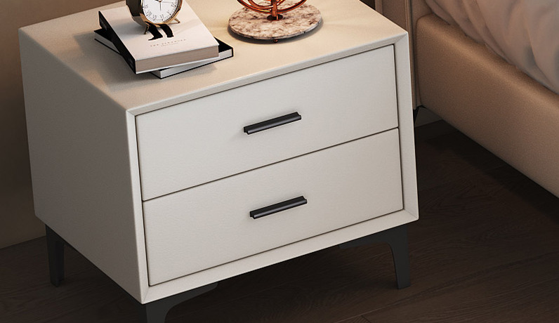 歌迪 极简风格 实木抽屉 扪皮 米白色 双抽床头柜