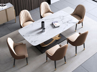  轻奢风格 不锈钢拉丝镀金封釉+亮光岩板 1.6米餐桌