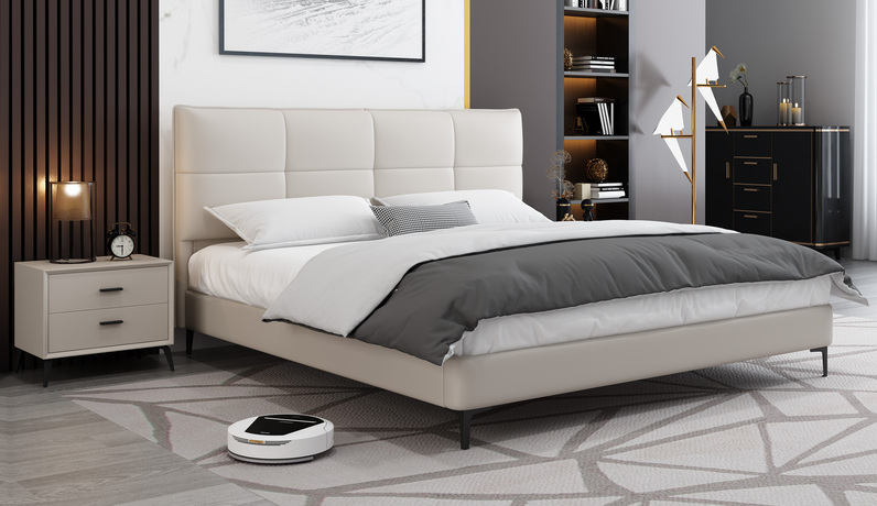 歌迪 极简风格 超柔科技布+实木框架 高回弹舒适软靠包 米白色 1.5米床（搭配7公分松木排骨架）